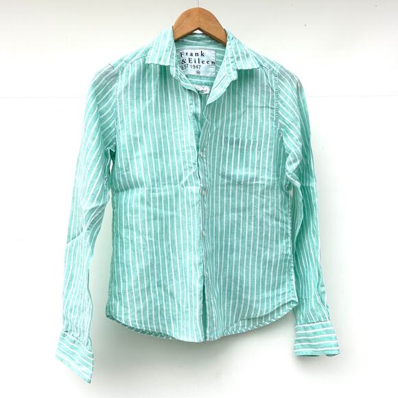 Frank & Eileen Barry Button Up Shirt Green White Mint Striped Linen XS - Picture 2 of 7